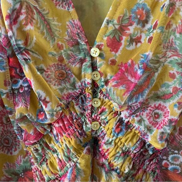 Anthropologie Chiffon Button Up Front 3/4 sleeve top floral stretch layered XS - Picture 5 of 10